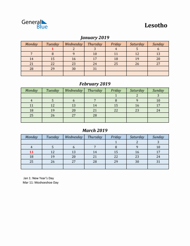 Q1 2019 Holiday Calendar - Lesotho