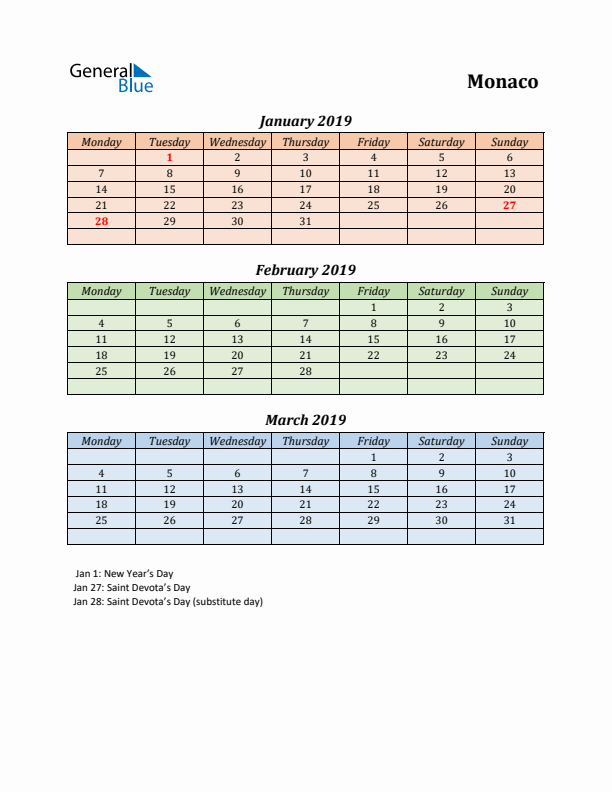 Q1 2019 Holiday Calendar - Monaco