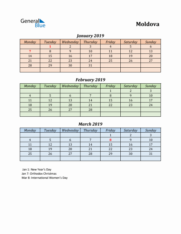 Q1 2019 Holiday Calendar - Moldova