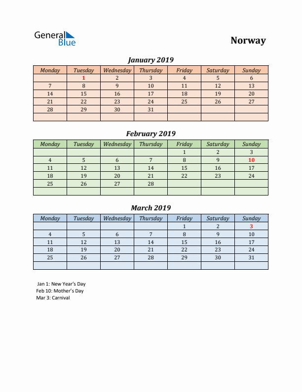 Q1 2019 Holiday Calendar - Norway