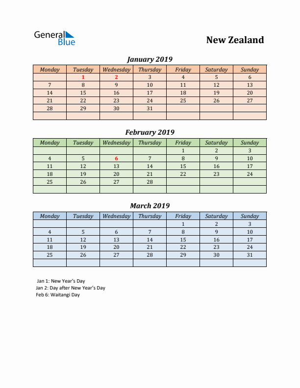 Q1 2019 Holiday Calendar - New Zealand