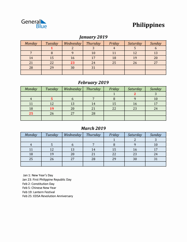 Q1 2019 Holiday Calendar - Philippines