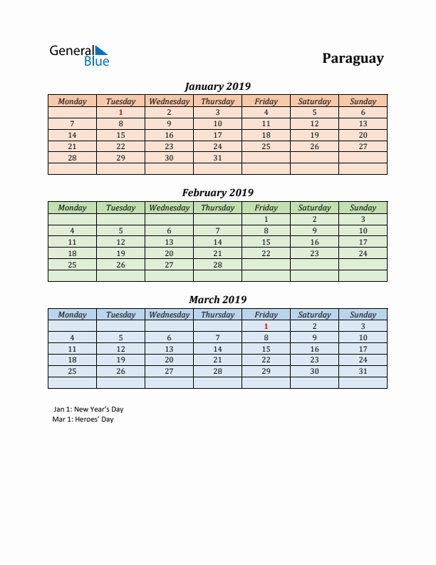 Q1 2019 Holiday Calendar - Paraguay