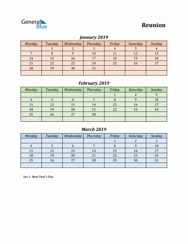 Q1 2019 Holiday Calendar - Reunion