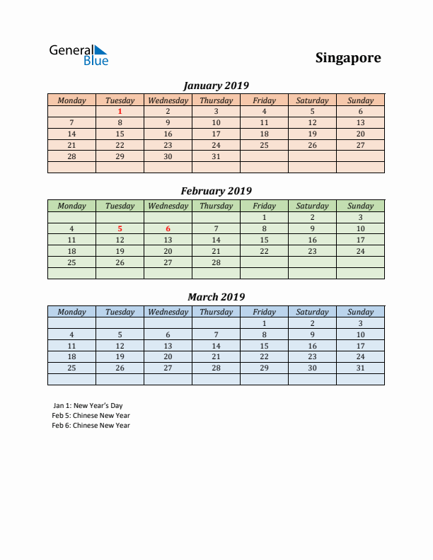 Q1 2019 Holiday Calendar - Singapore