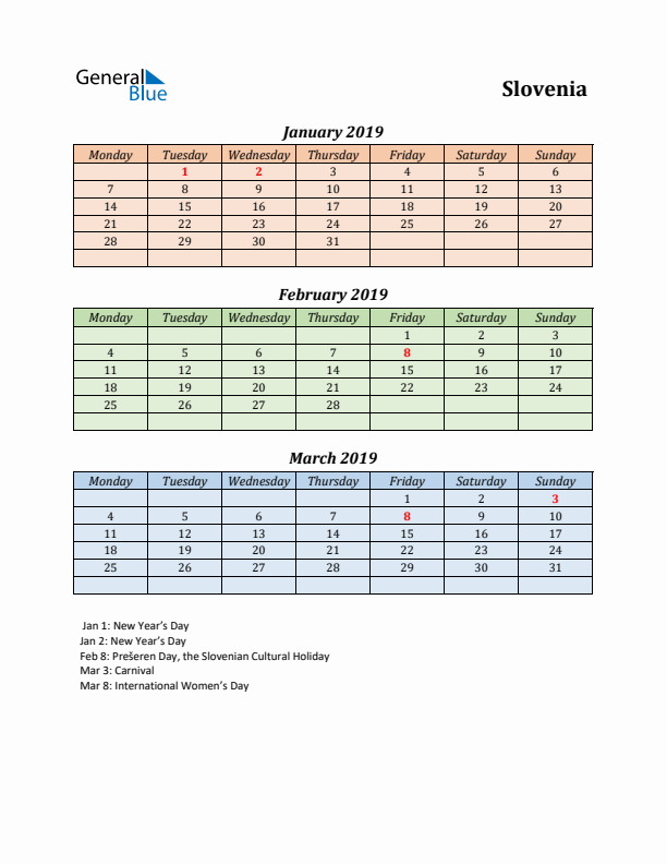 Q1 2019 Holiday Calendar - Slovenia