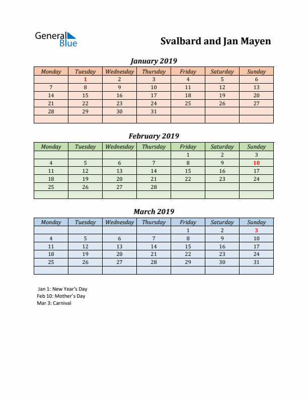 Q1 2019 Holiday Calendar - Svalbard and Jan Mayen