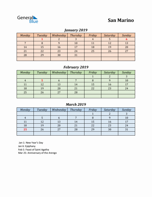 Q1 2019 Holiday Calendar - San Marino