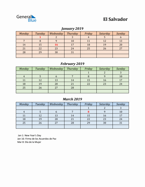 Q1 2019 Holiday Calendar - El Salvador