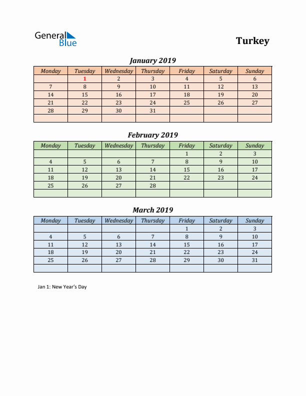 Q1 2019 Holiday Calendar - Turkey