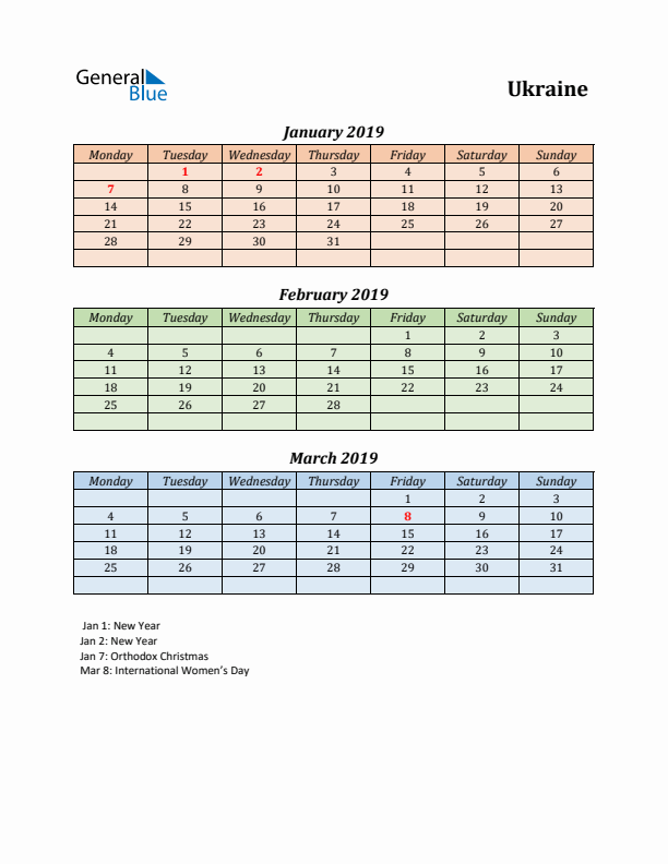 Q1 2019 Holiday Calendar - Ukraine