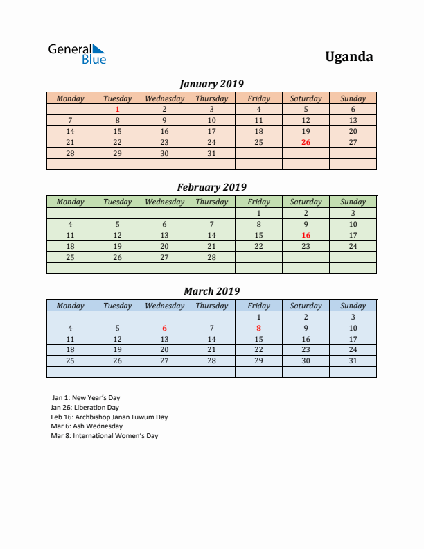 Q1 2019 Holiday Calendar - Uganda