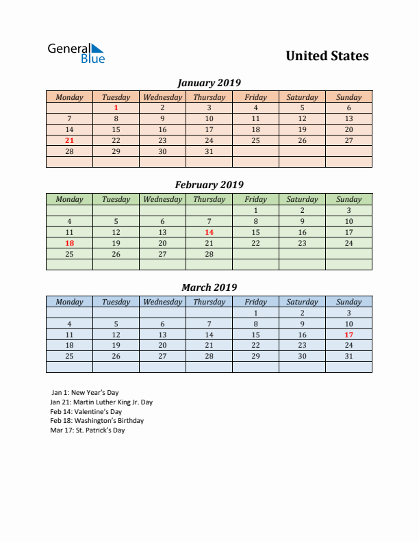 Q1 2019 Holiday Calendar - United States