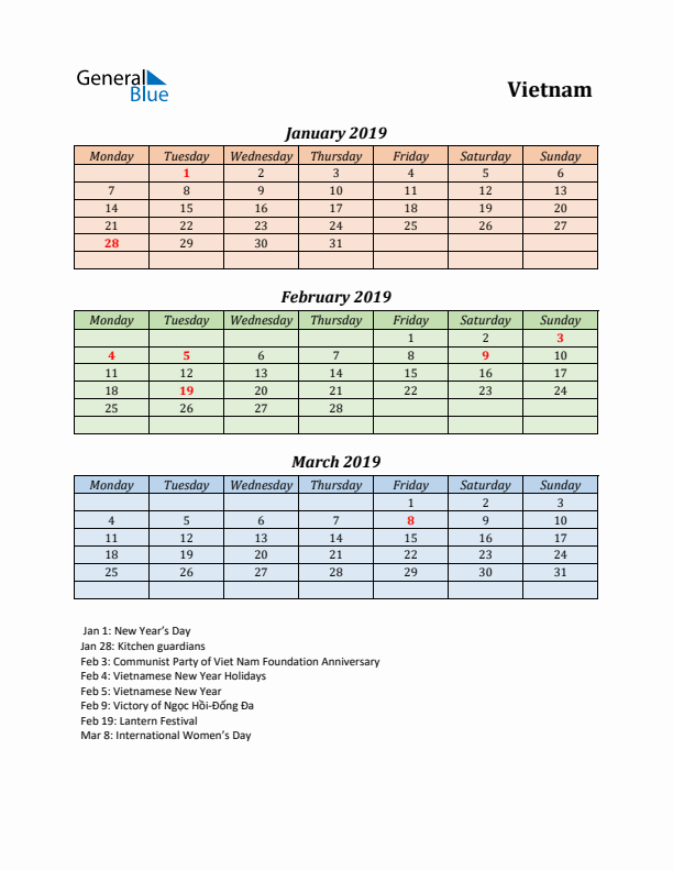 Q1 2019 Holiday Calendar - Vietnam