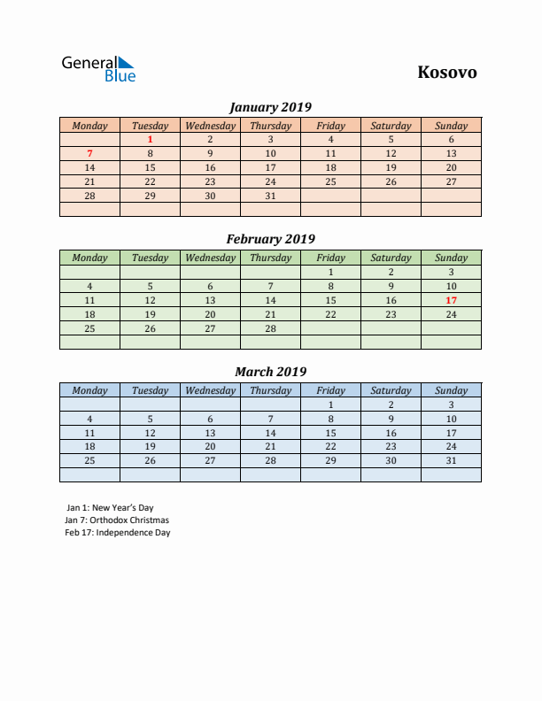 Q1 2019 Holiday Calendar - Kosovo