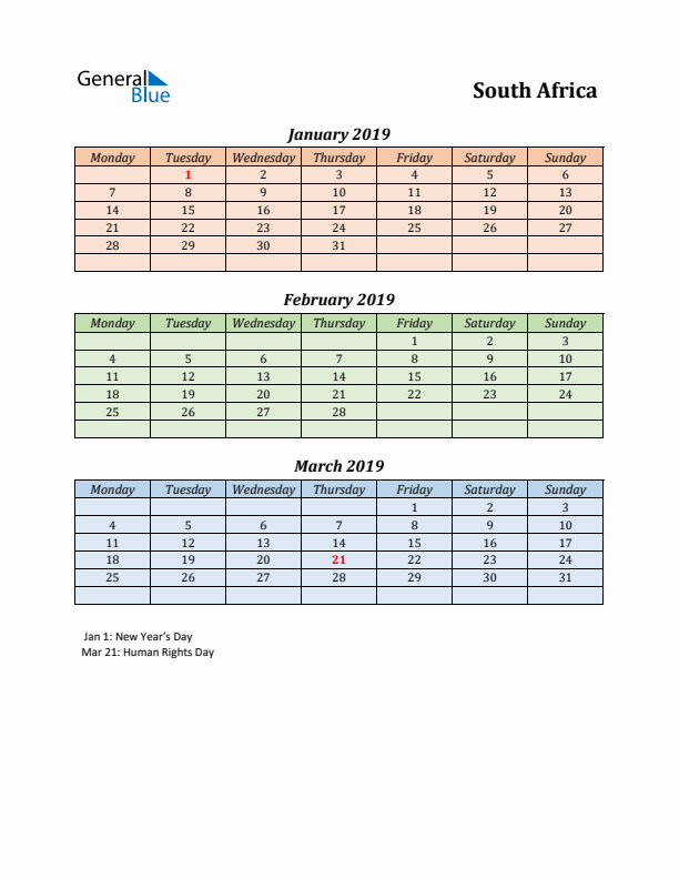 Q1 2019 Holiday Calendar - South Africa