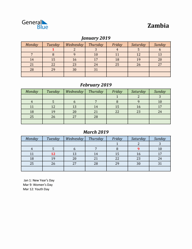 Q1 2019 Holiday Calendar - Zambia