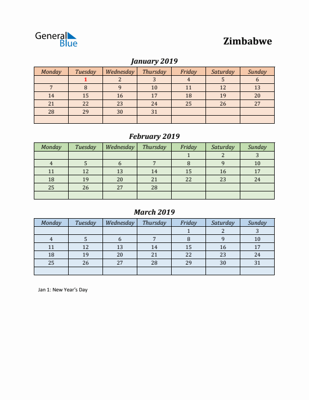 Q1 2019 Holiday Calendar - Zimbabwe