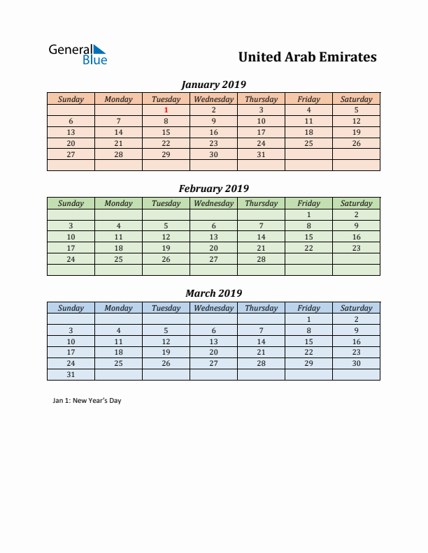 Q1 2019 Holiday Calendar - United Arab Emirates