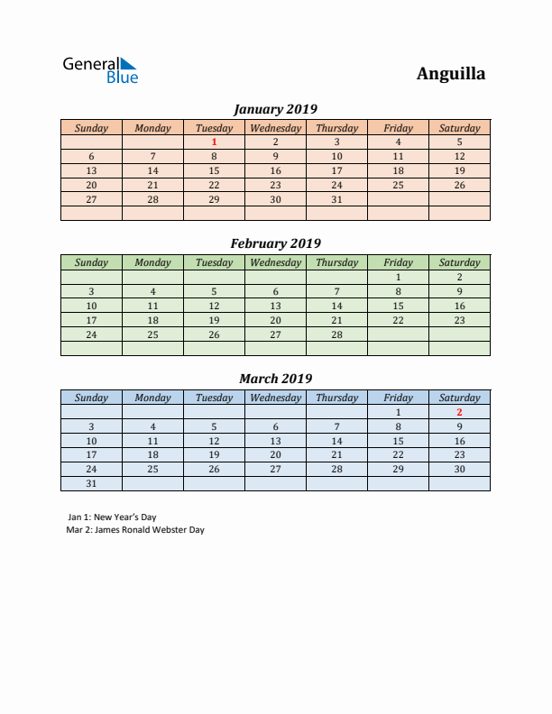 Q1 2019 Holiday Calendar - Anguilla