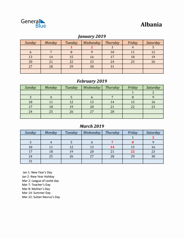 Q1 2019 Holiday Calendar - Albania