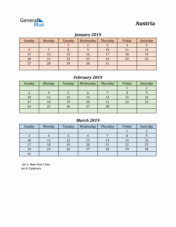 Q1 2019 Holiday Calendar - Austria