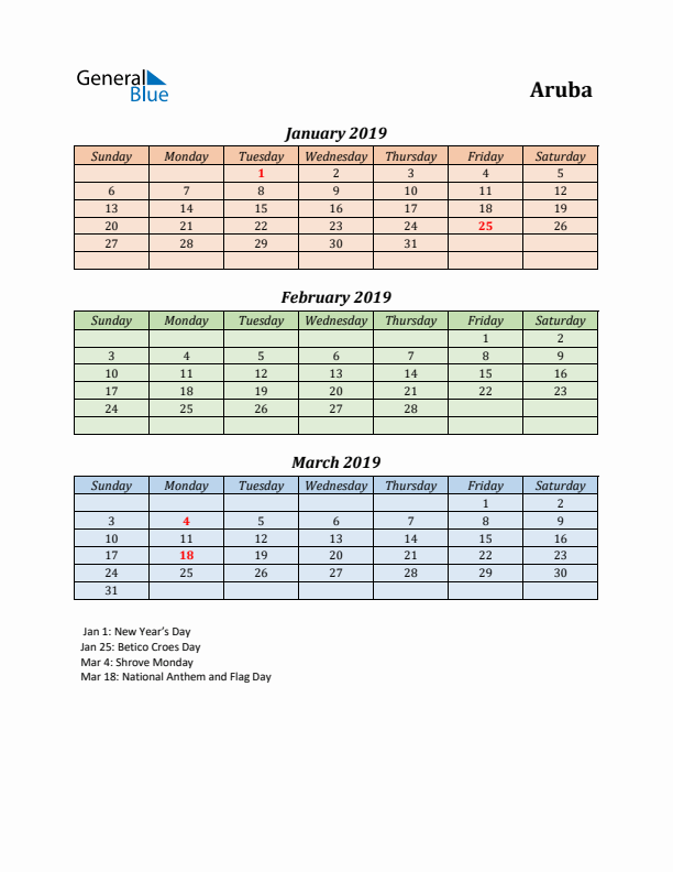 Q1 2019 Holiday Calendar - Aruba