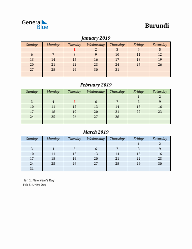 Q1 2019 Holiday Calendar - Burundi