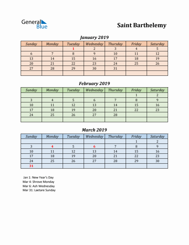 Q1 2019 Holiday Calendar - Saint Barthelemy