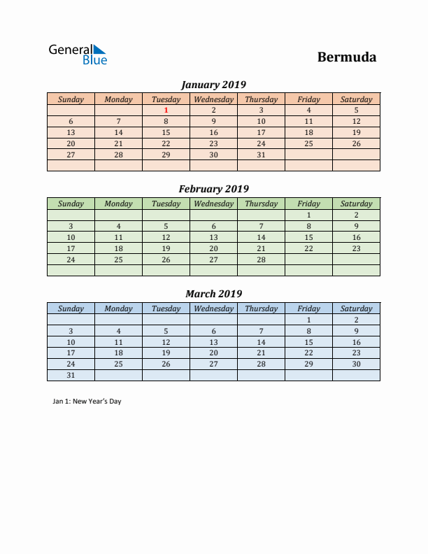 Q1 2019 Holiday Calendar - Bermuda