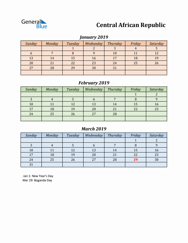 Q1 2019 Holiday Calendar - Central African Republic