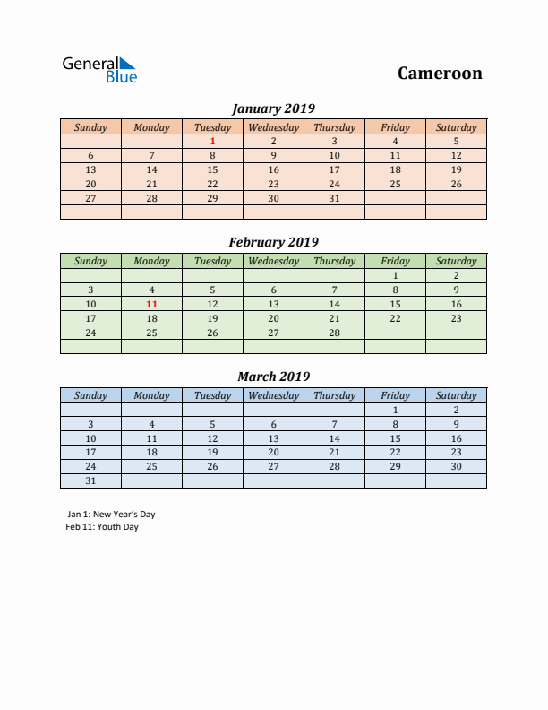 Q1 2019 Holiday Calendar - Cameroon