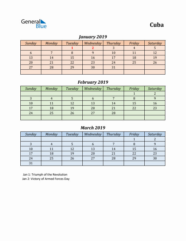 Q1 2019 Holiday Calendar - Cuba