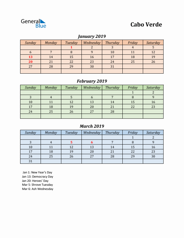 Q1 2019 Holiday Calendar - Cabo Verde