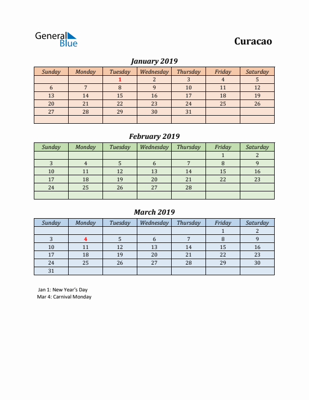 Q1 2019 Holiday Calendar - Curacao