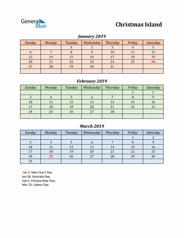 Q1 2019 Holiday Calendar - Christmas Island