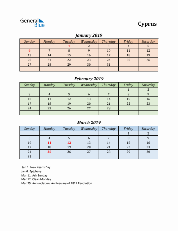 Q1 2019 Holiday Calendar - Cyprus