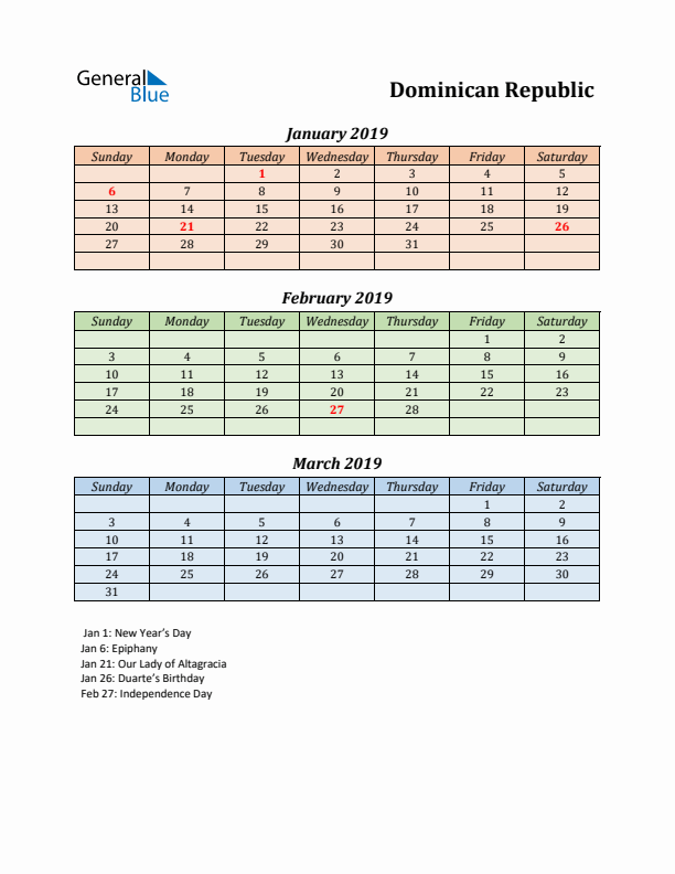 Q1 2019 Holiday Calendar - Dominican Republic