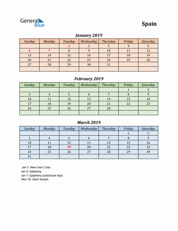 Q1 2019 Holiday Calendar - Spain