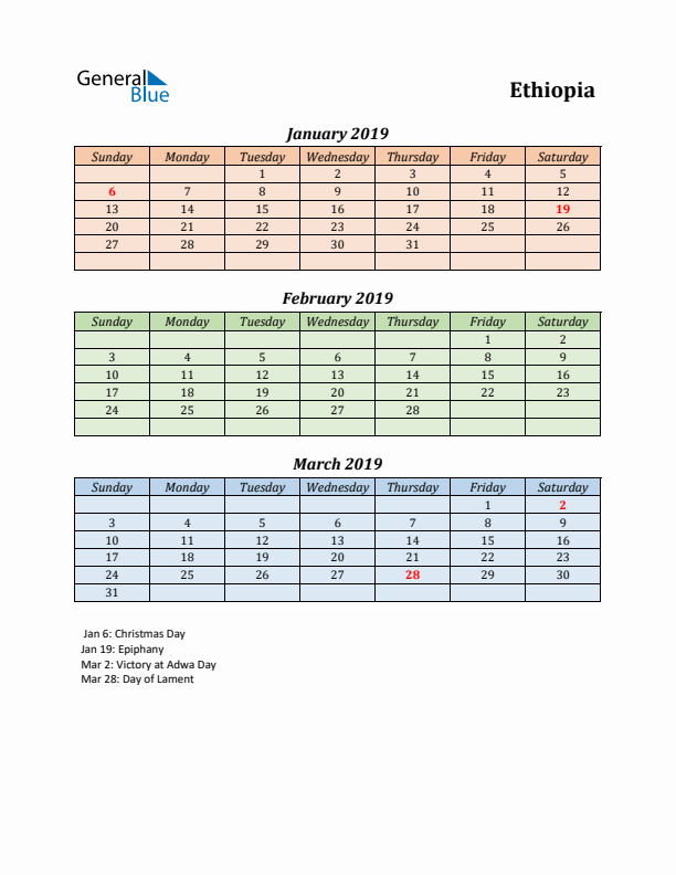 Q1 2019 Holiday Calendar - Ethiopia