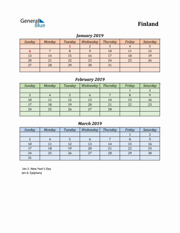 Q1 2019 Holiday Calendar - Finland