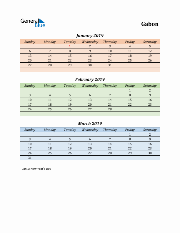 Q1 2019 Holiday Calendar - Gabon