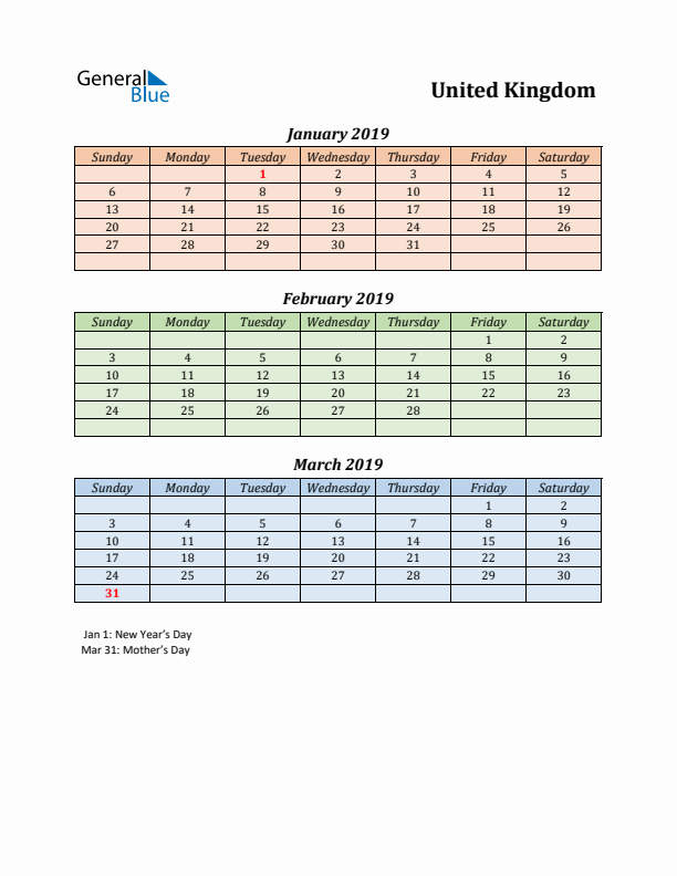 Q1 2019 Holiday Calendar - United Kingdom