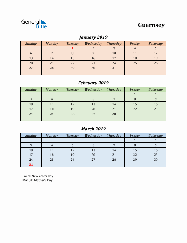 Q1 2019 Holiday Calendar - Guernsey