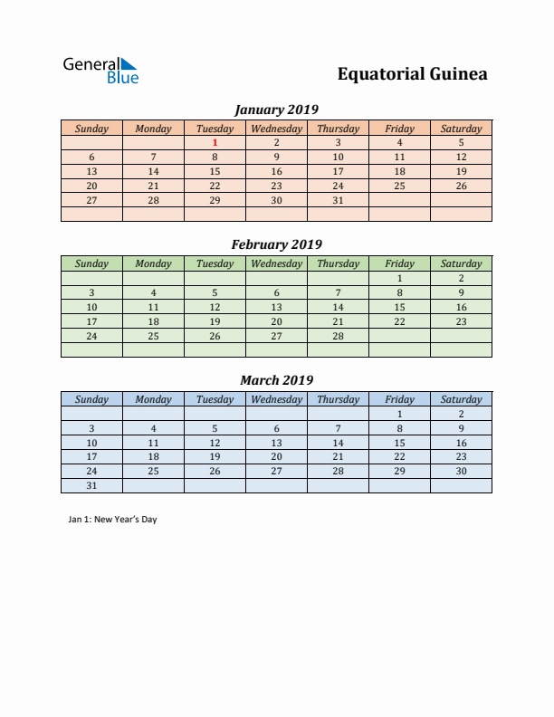 Q1 2019 Holiday Calendar - Equatorial Guinea