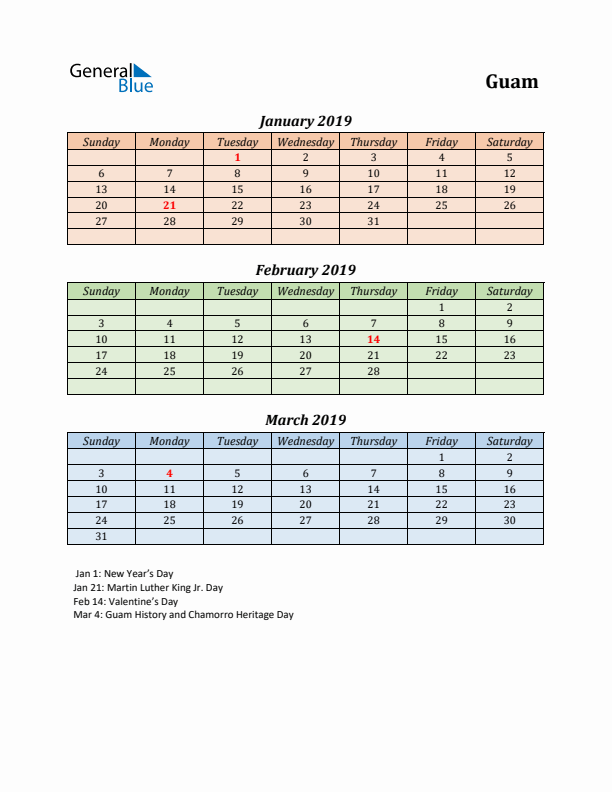 Q1 2019 Holiday Calendar - Guam