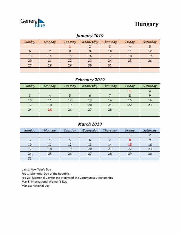 Q1 2019 Holiday Calendar - Hungary