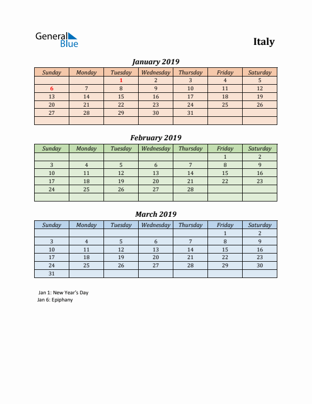 Q1 2019 Holiday Calendar - Italy