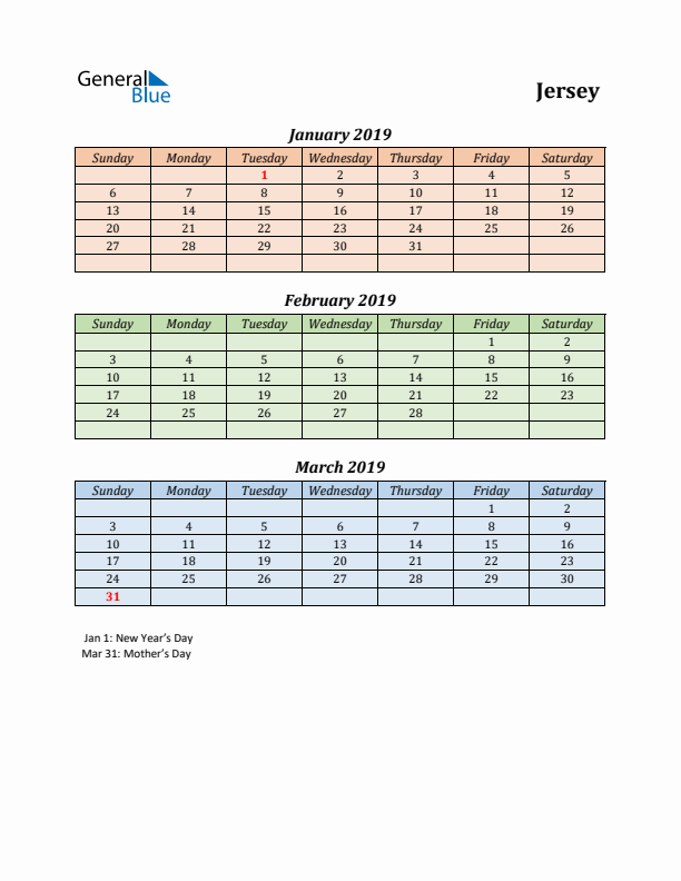 Q1 2019 Holiday Calendar - Jersey