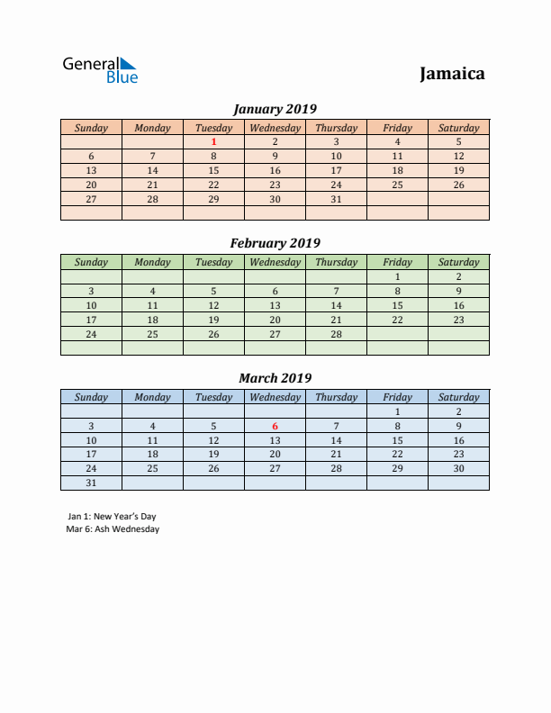 Q1 2019 Holiday Calendar - Jamaica